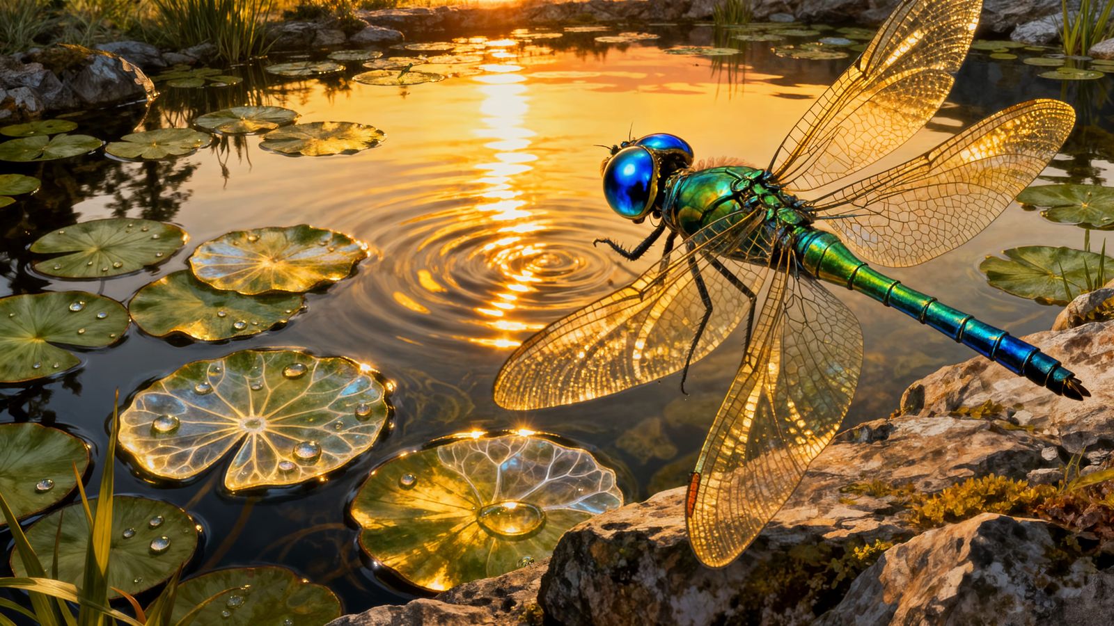 Dragonfly Flies Over Alpine Pond at Sunset