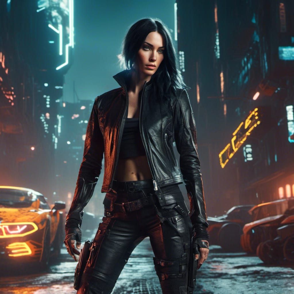 Cyberpunk Woman with Tattoos in Leather Outfit