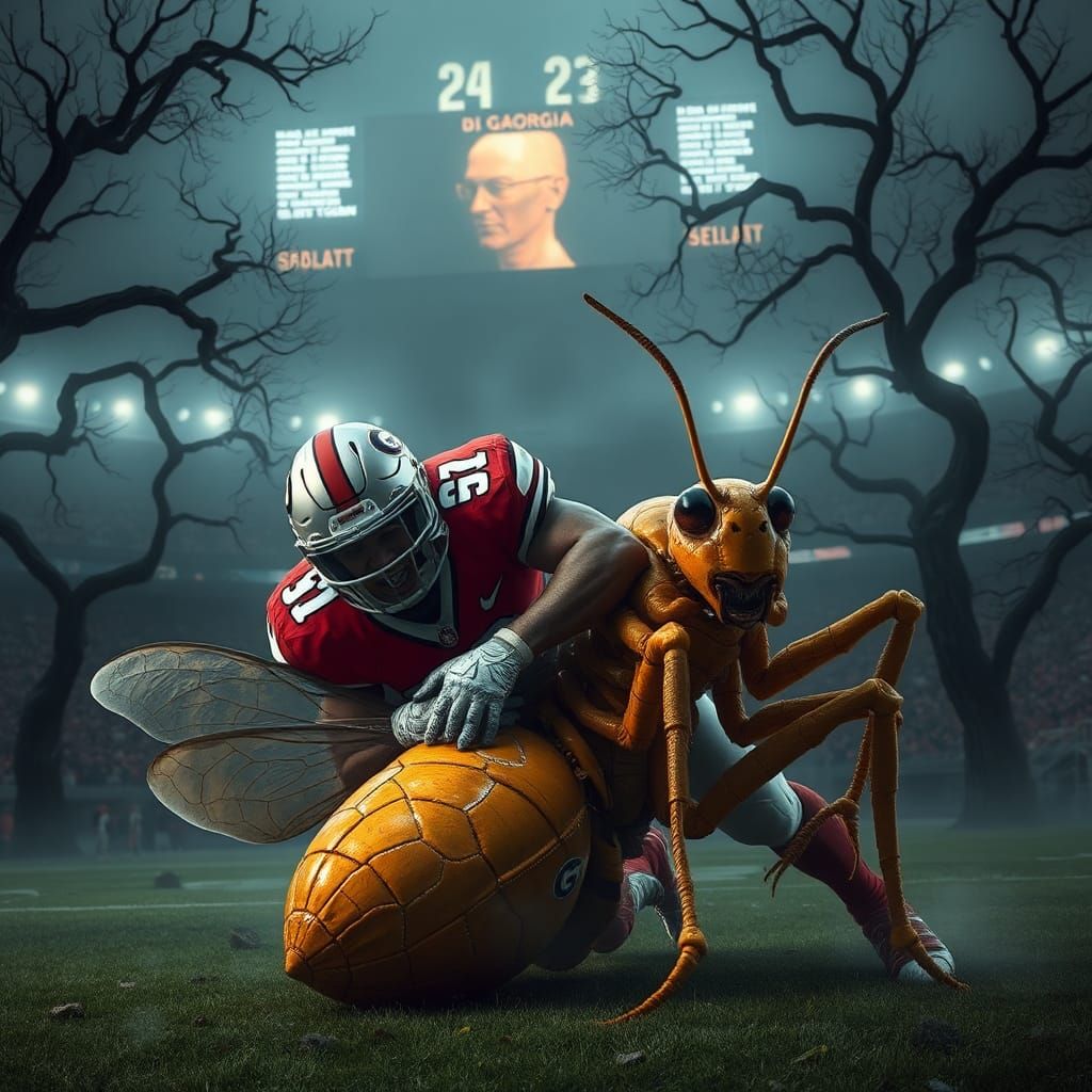 Georgia Bulldog Tackles Giant Yellow Jacket in Dreamlike Sta...