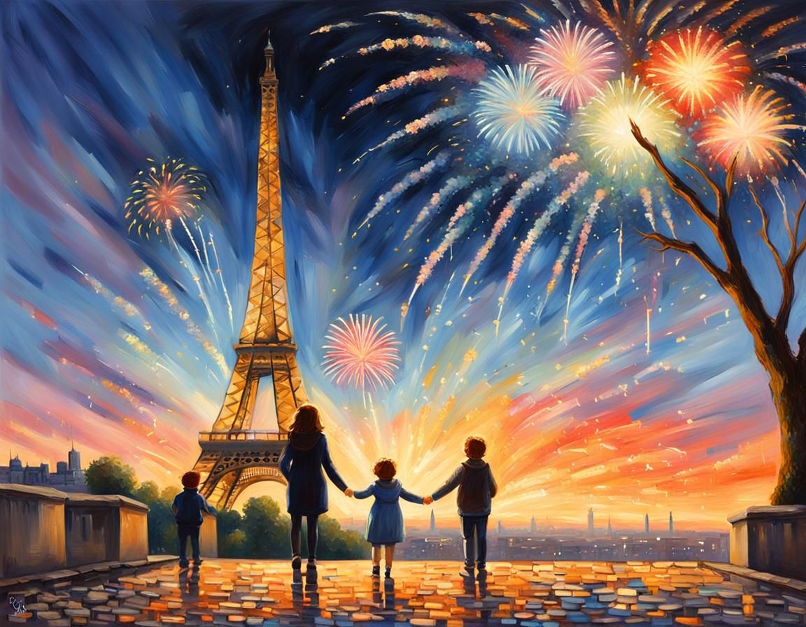 Paris Fireworks: Impressionist Painting of Mother and Child