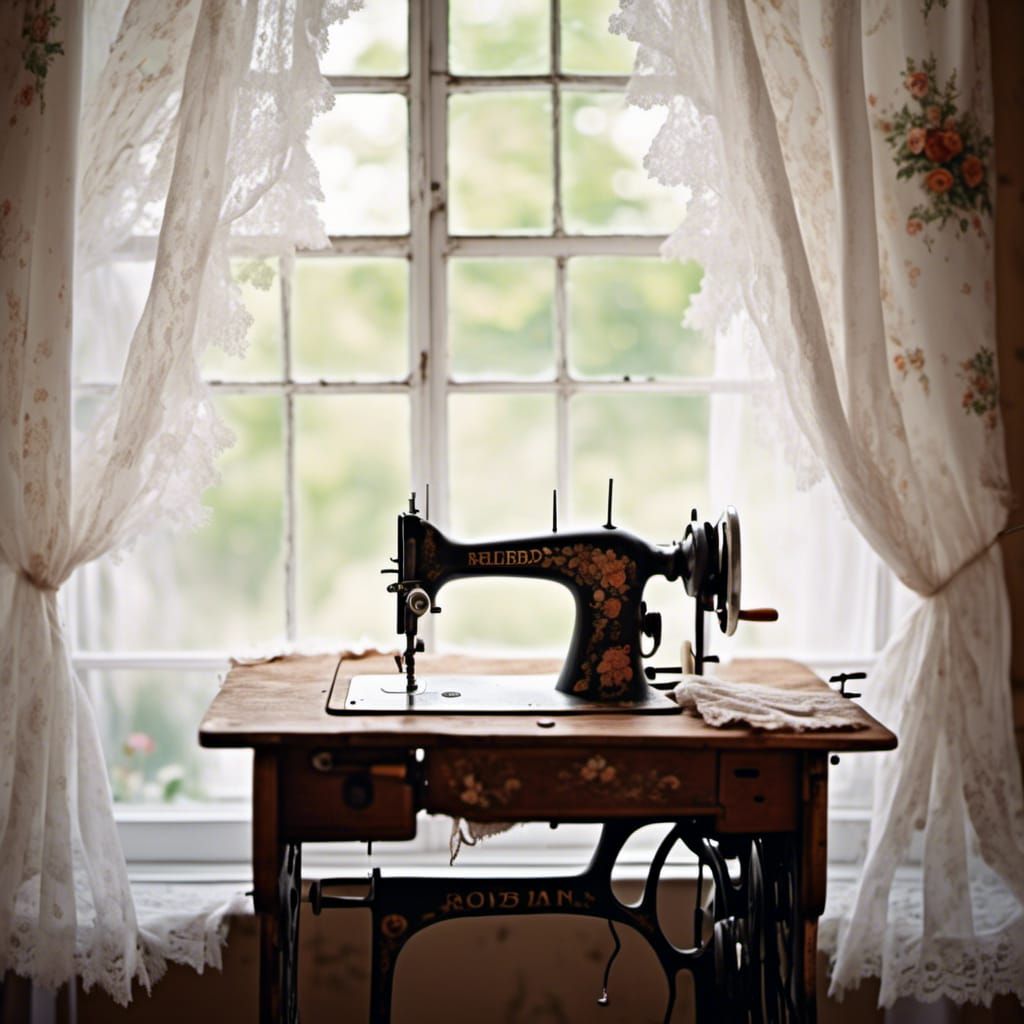 Vintage Sewing Machine with Lace Curtains