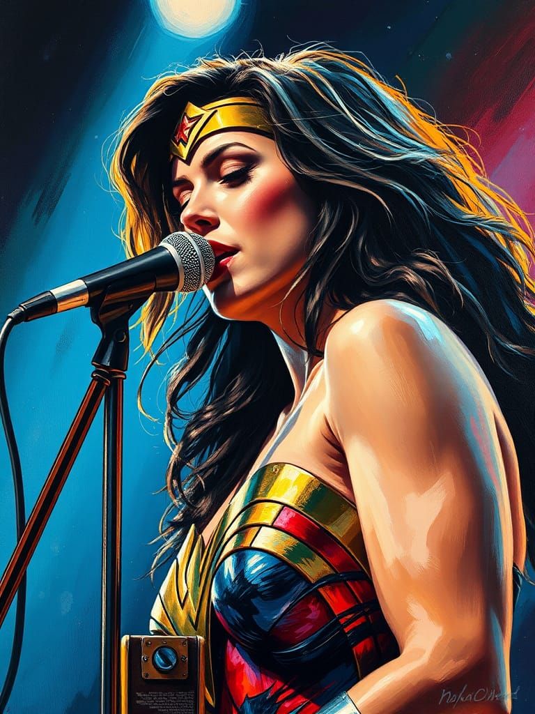 Wonder Woman as Hard Rock Star, Impasto Painting