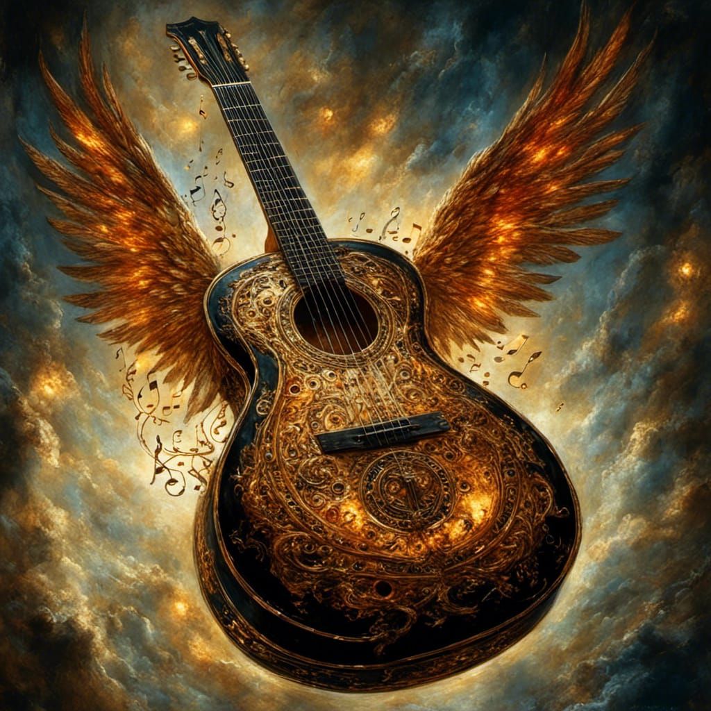 Winged Guitar in Surrealist Dreamscape