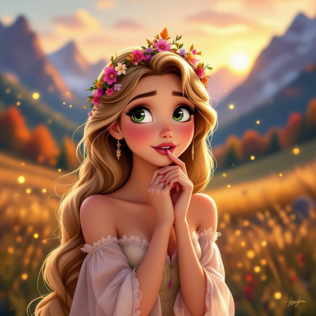 Rapunzel's Sultry Gaze in Autumn Meadow