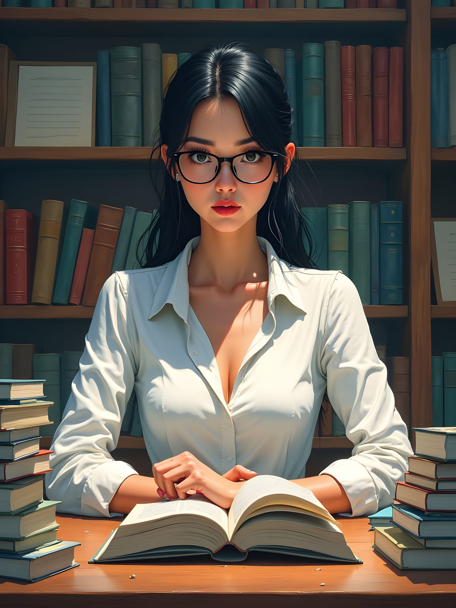 Attractive Librarian in Cinematic Comic Style