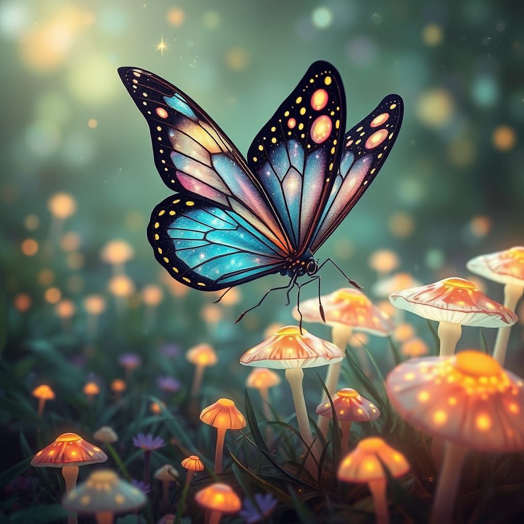 Celestial Butterfly in Dreamy Bioluminescent Landscape