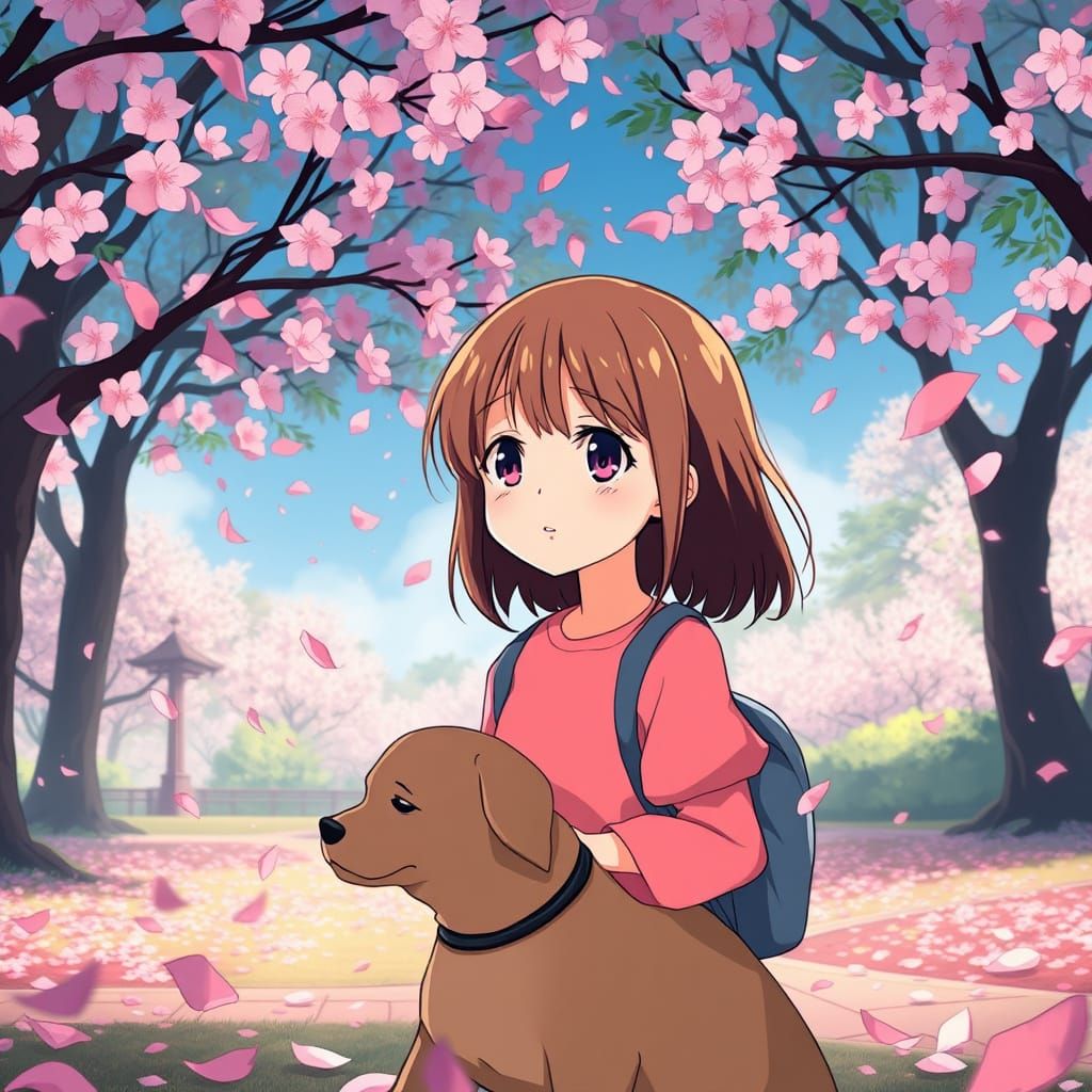 Sorrowful Girl with Puppy, Cherry Blossoms, Anime Style