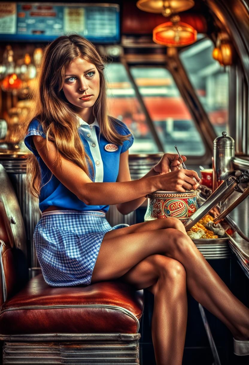 1970s Diner Waitress, Hyperrealistic Professional Photograph...