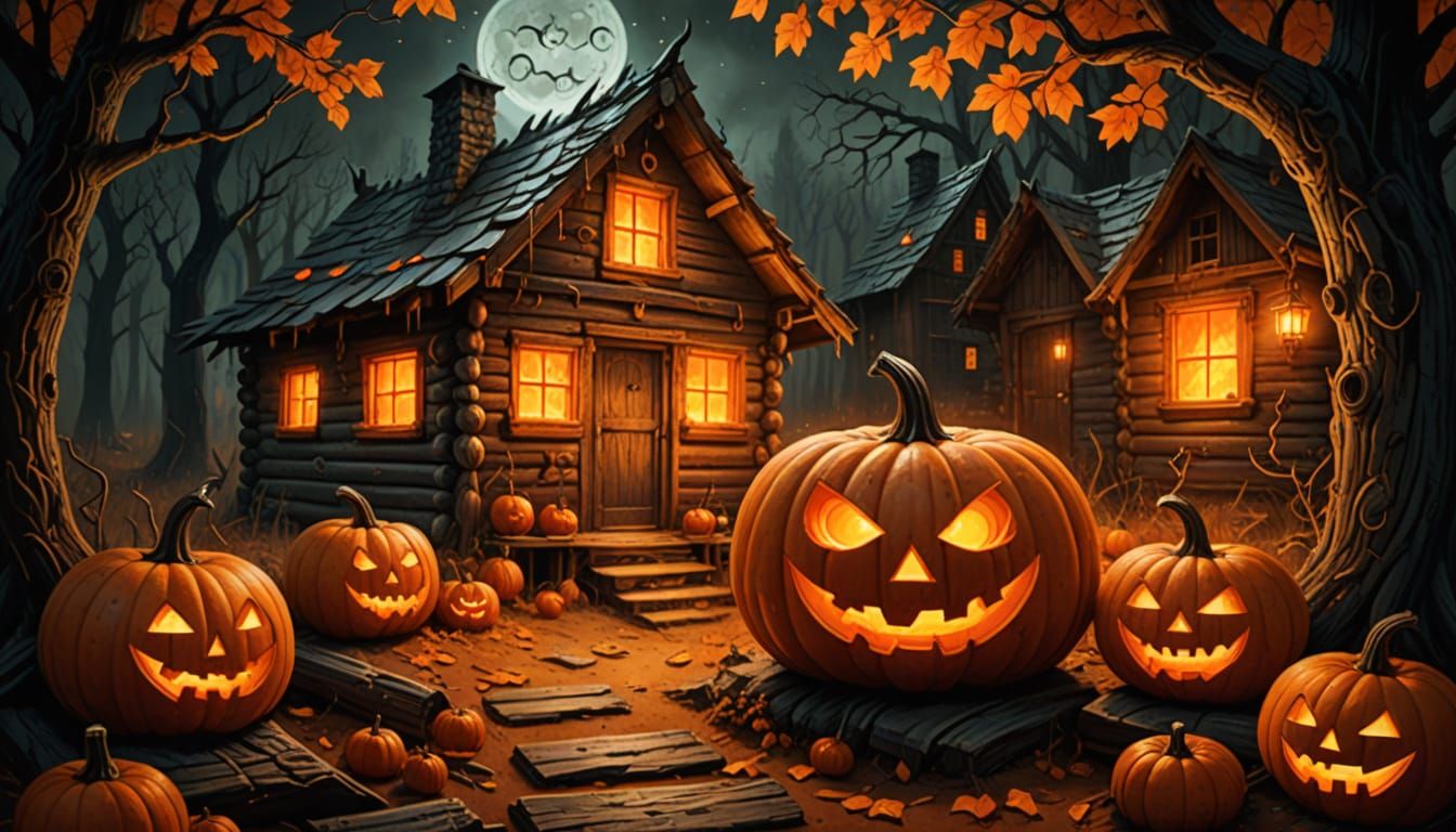 Pumpkin Glyphs in Haunted Cabin: Dark Fantasy Oil Painting