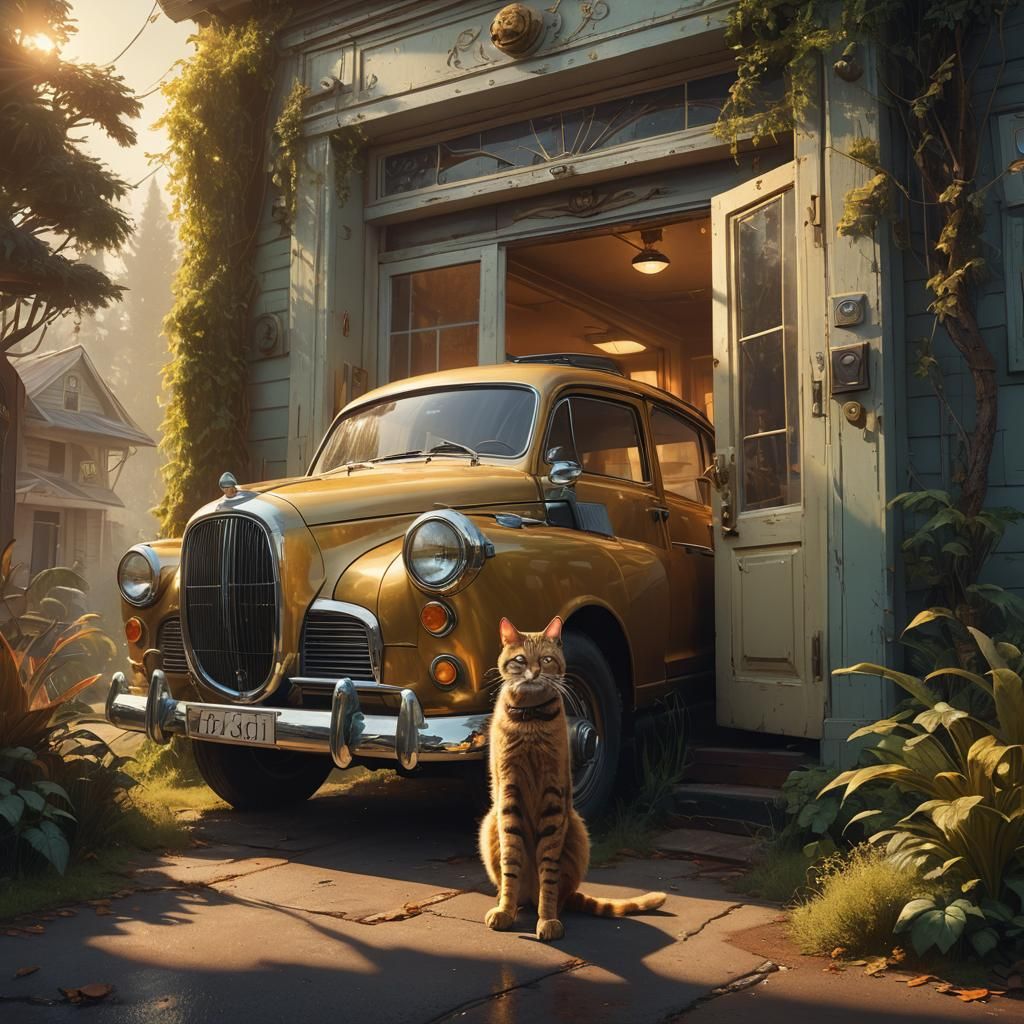 Boss Cat Opening Classic Car in Fantasy Art Style