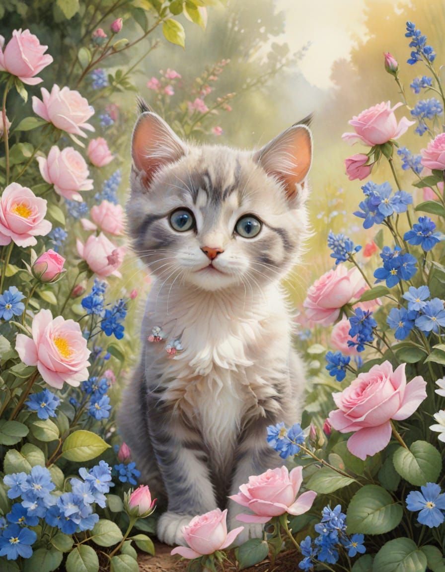 Whimsical Kitten peeking from a Rose Bush in a Lush Flower G...