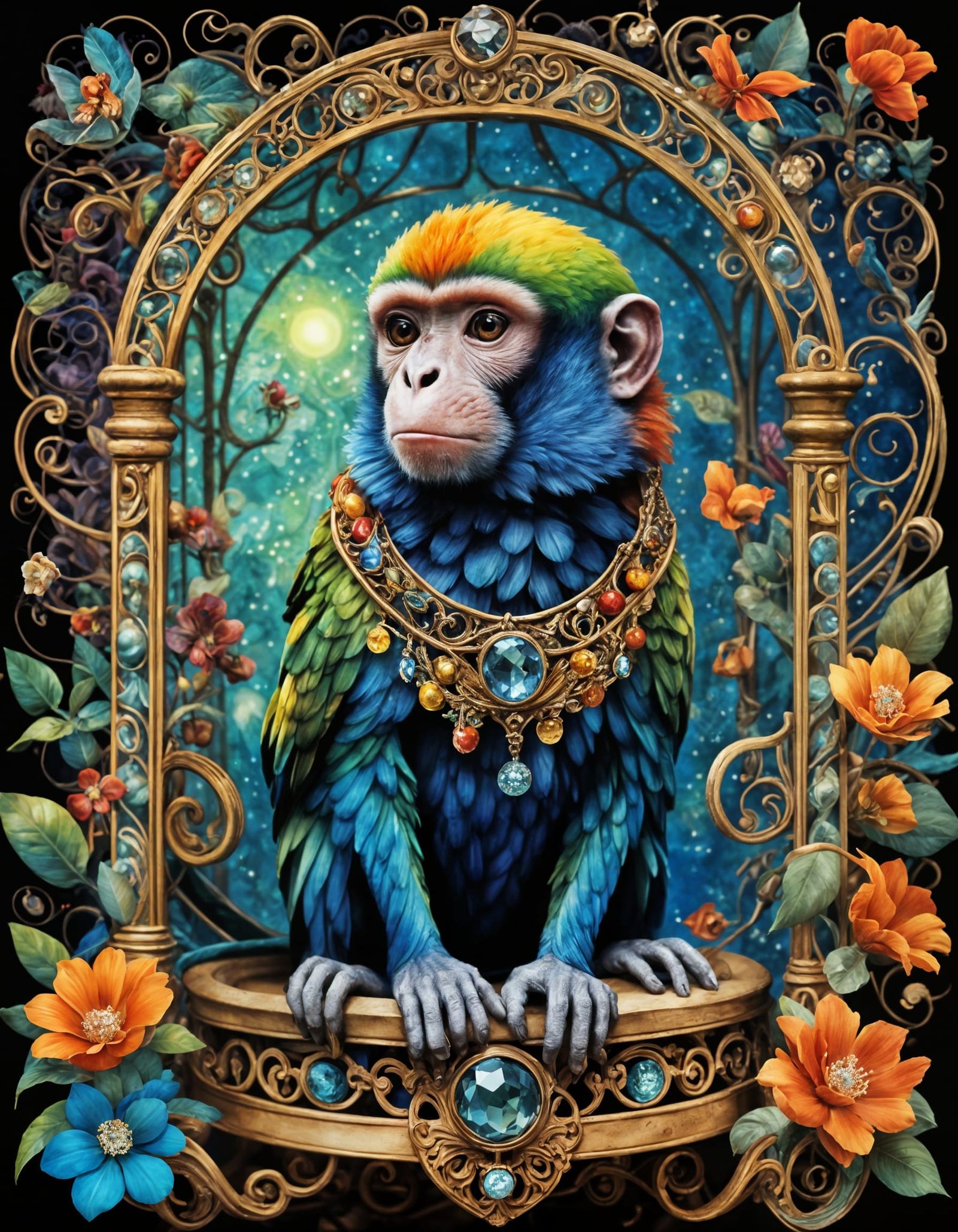 Psychedelic Monkey-Parrot in Art Nouveau Birdcage