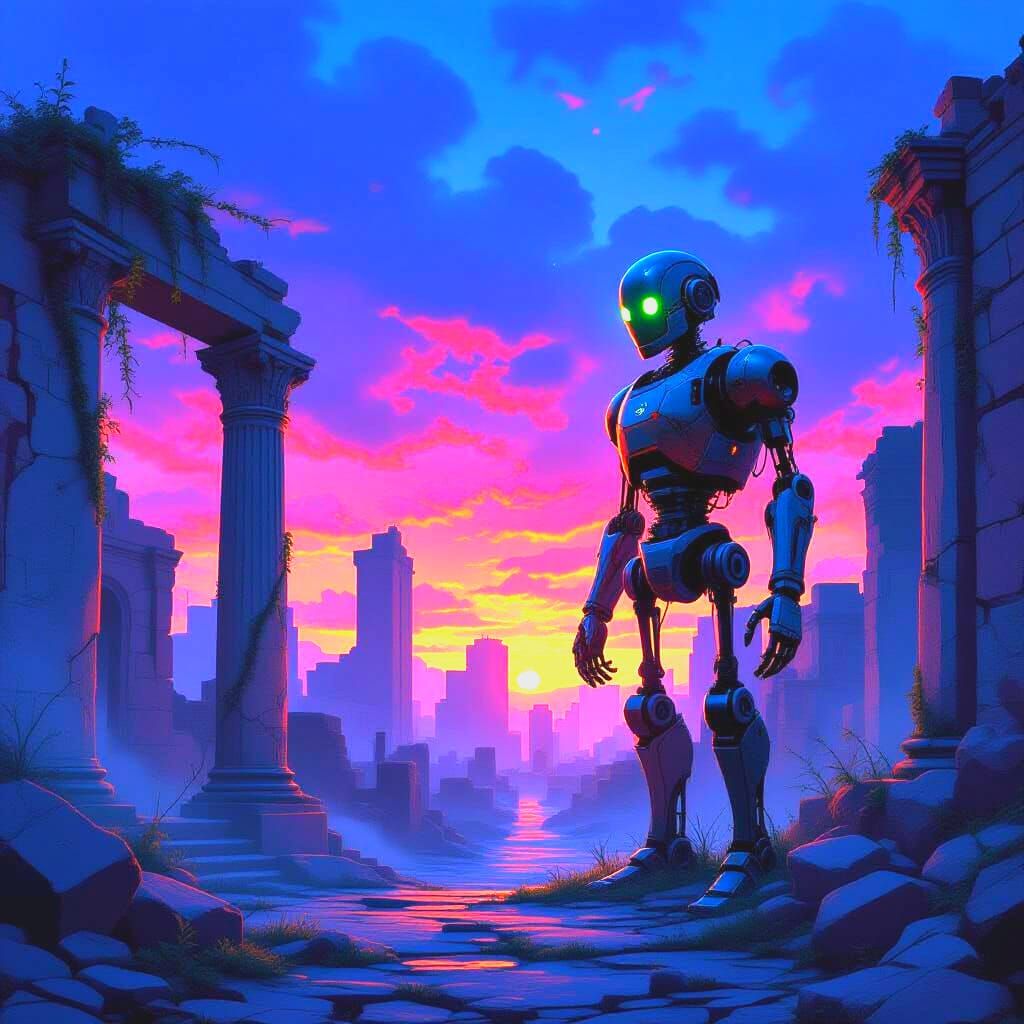 Weathered Automaton in Ruined Metropolis at Twilight