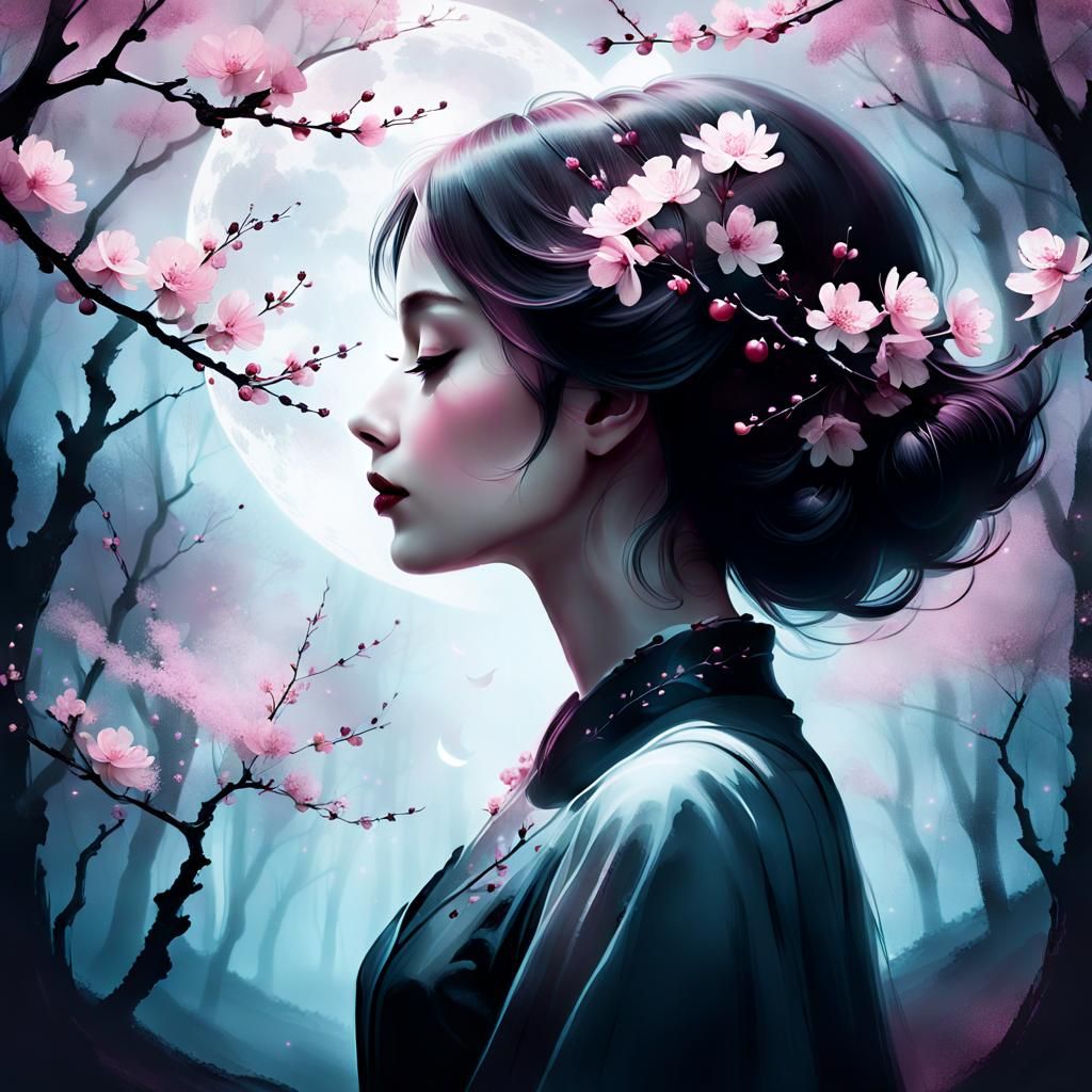 Ethereal Woman Silhouette with Cherry Blossom Forest