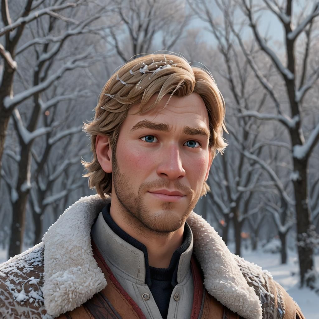 CGI Cartoon Kristoff Portrait in Snowy Outdoors