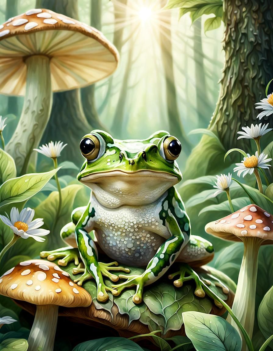 Frog in Summer Dress: Ethereal Watercolor Fantasy Art