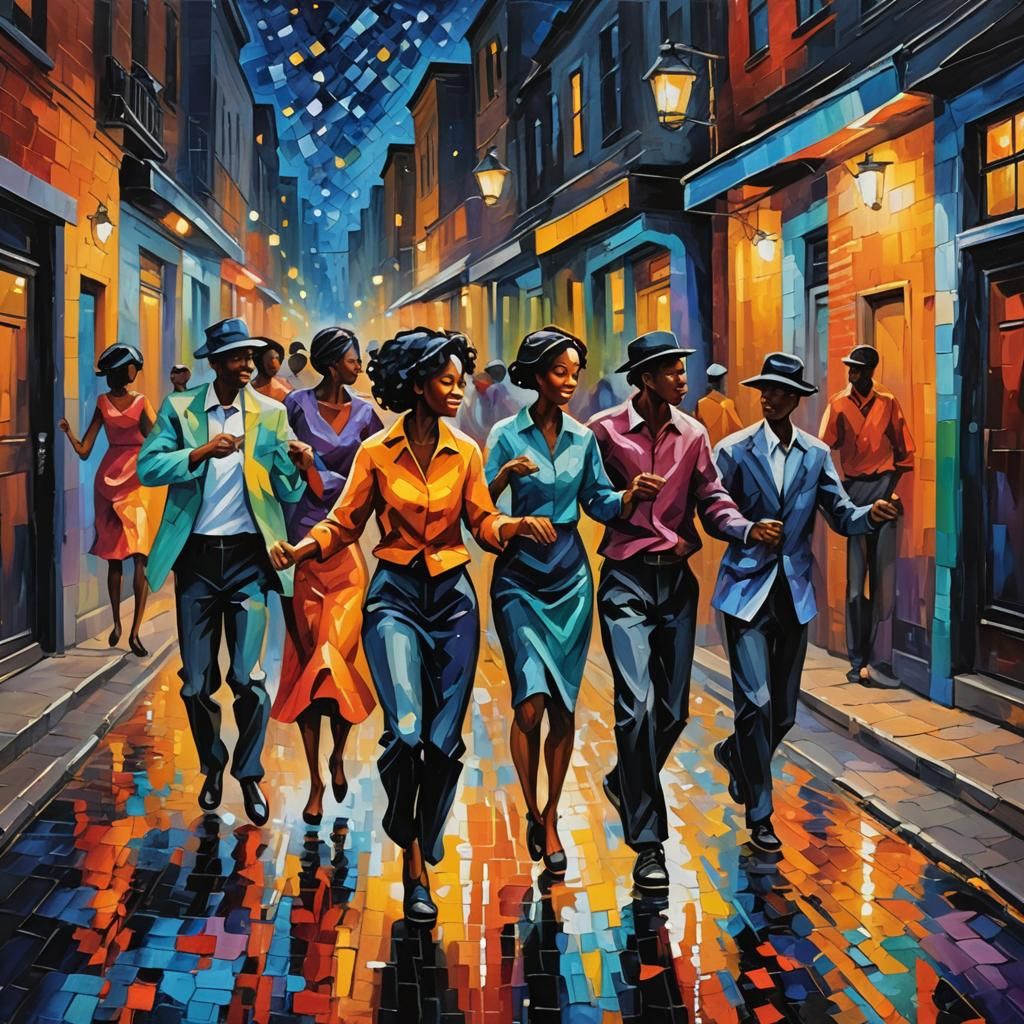 People Dancing in Vibrant City Alley: Expressionist Oil Pain...