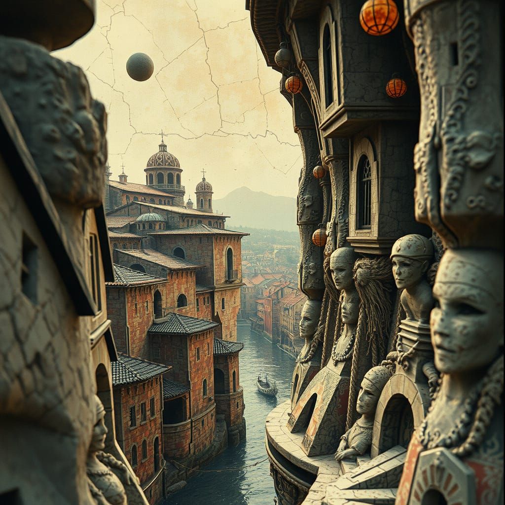 Abyssal Cliff Town in Surrealist Dadaïsme Style with Paramet...