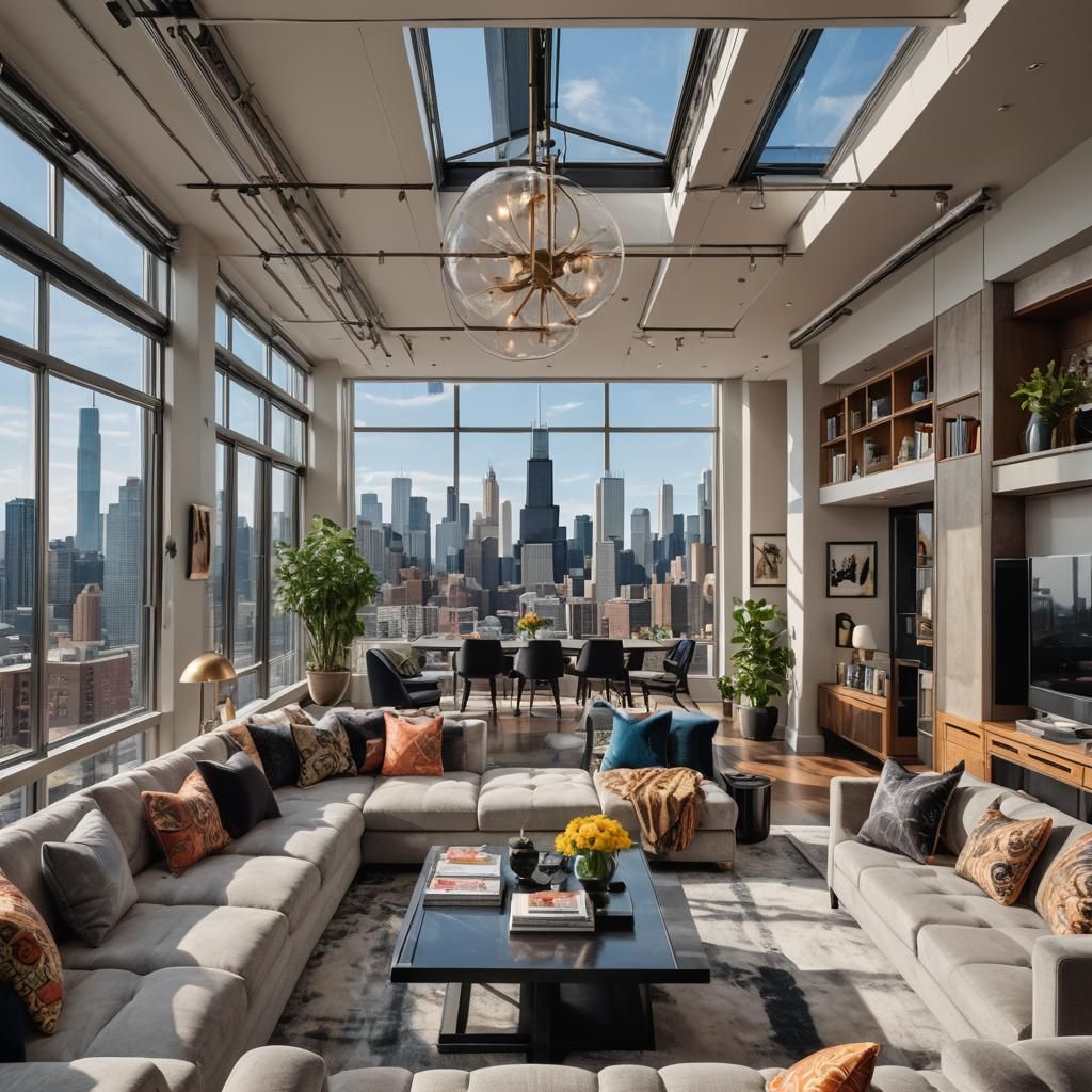 Interior of a Chicago penthouse. Maximalist interior design,...