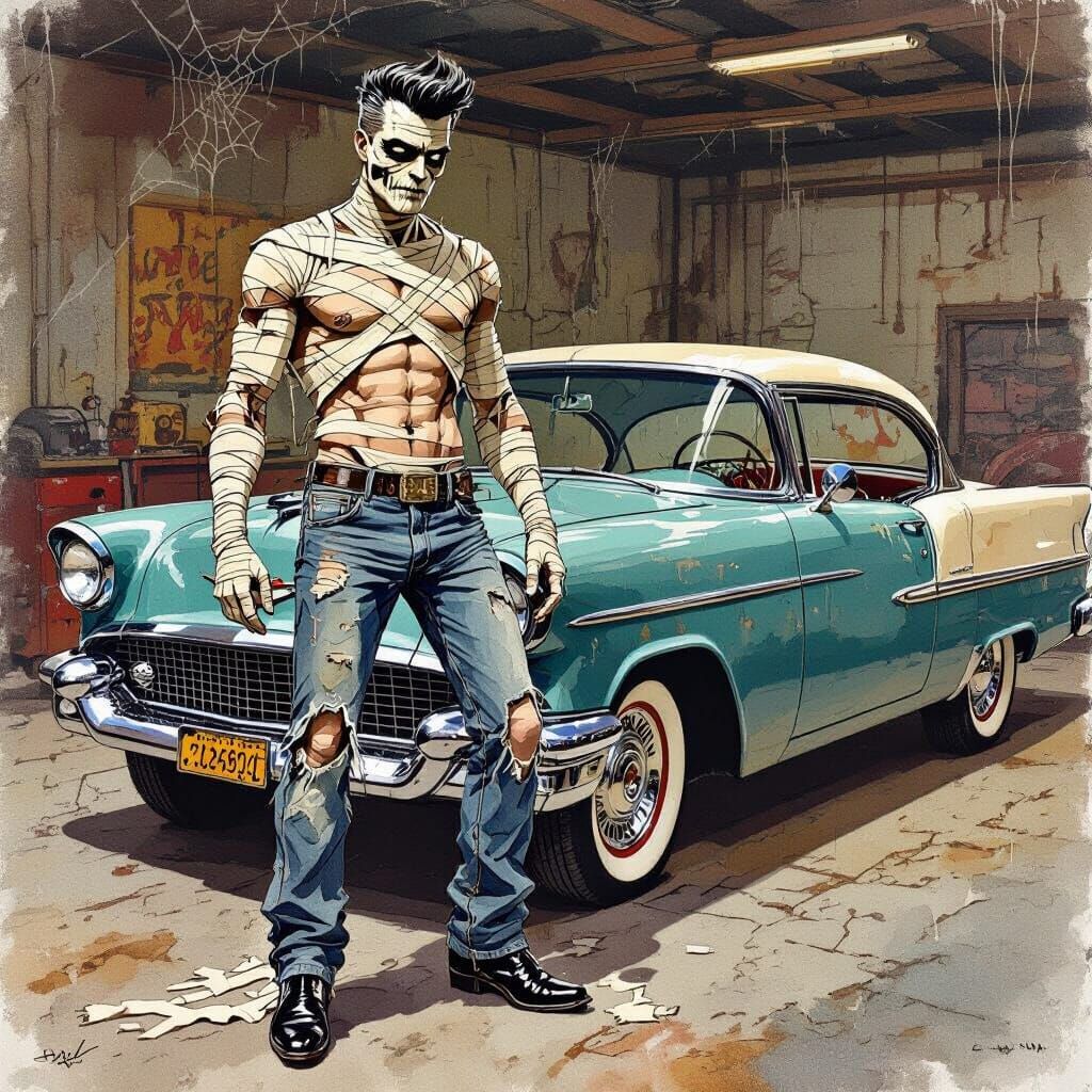 Rockabilly Mummy Poses with Vintage Chevy in 1950s Shop