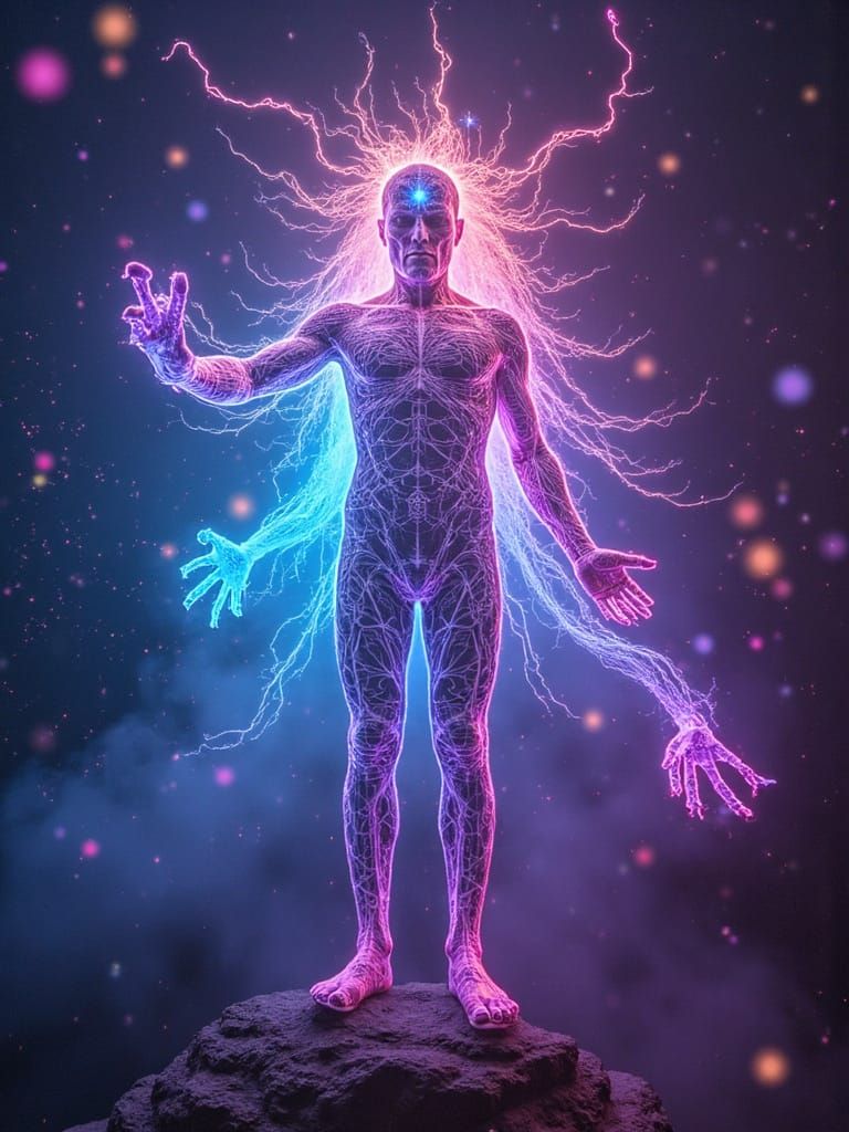 Ethereal Being in Neon Hologram Realms