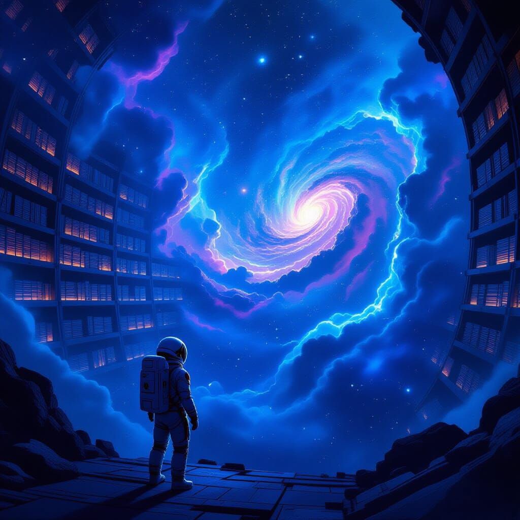 Astronaut Adrift in Nebula Gazes at Cosmic Library