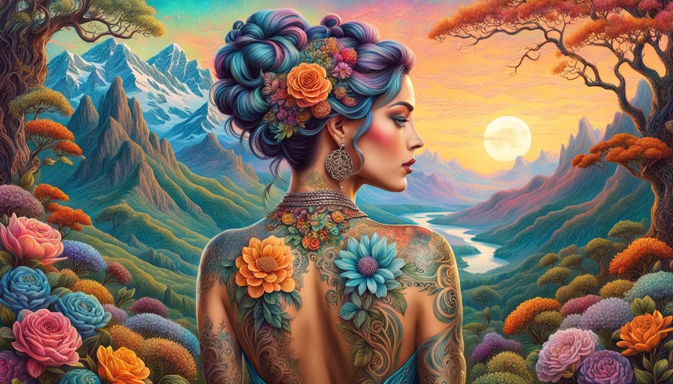 Woman with Four Seasons Tattoo: Digital Art