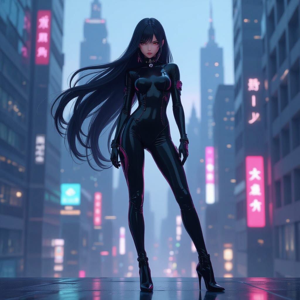 Androgynous Anime Character in Futuristic Metropolis