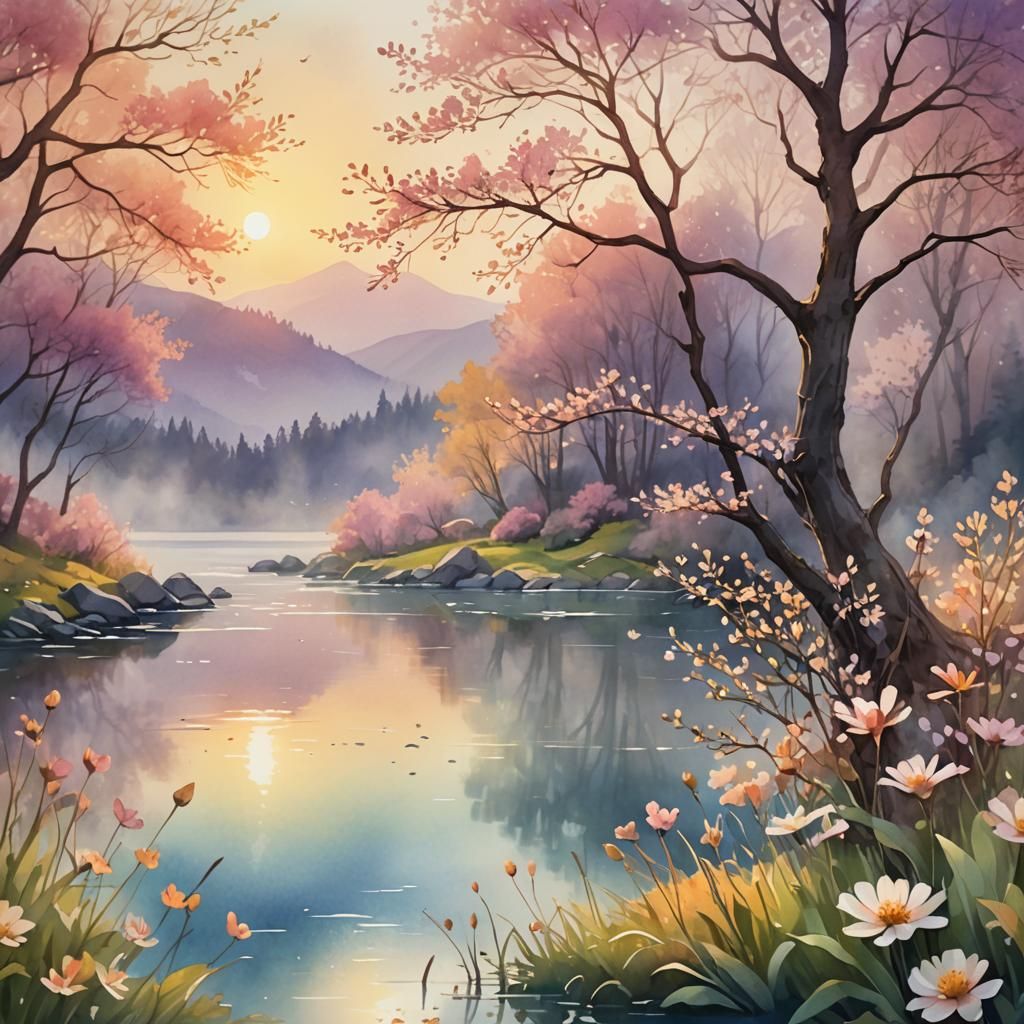 Spring Sunset Digital Watercolor Illustration