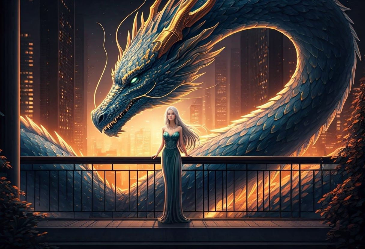 Cyberpunk Goddess Surrounded by Dragon in Futuristic City