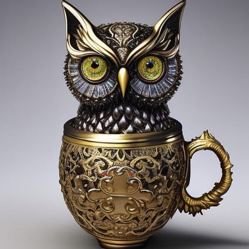 Ornate Owl in Teacup: Hyperdetailed Fantasy Art
