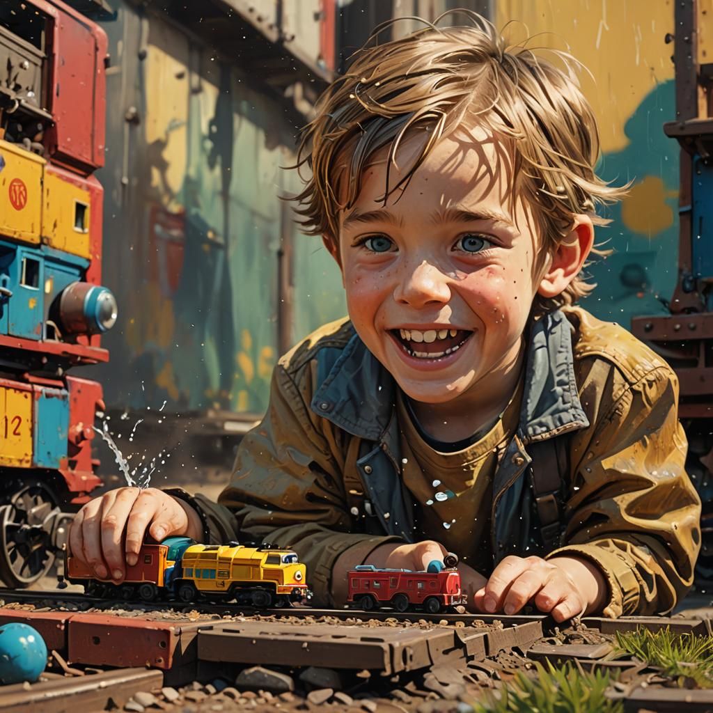 Happy Kid Playing Train: Photorealistic Splash Art