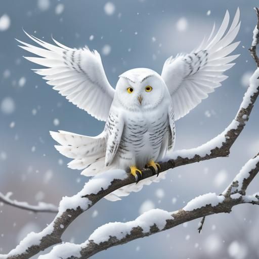 Snowy White Owl Landing on Snowy Branch