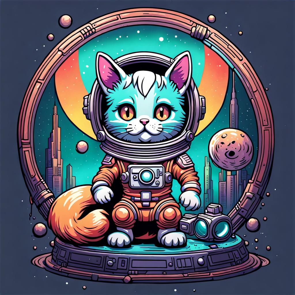Astronaut Cat with Magic Ring in Art Deco Style