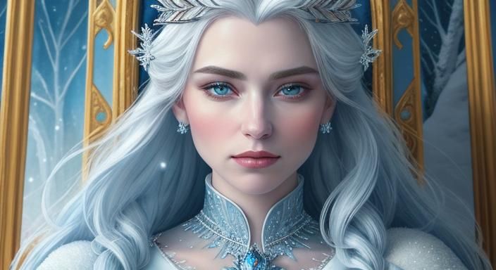 Snow Queen Portrait in Icy Palace: Oil Painting
