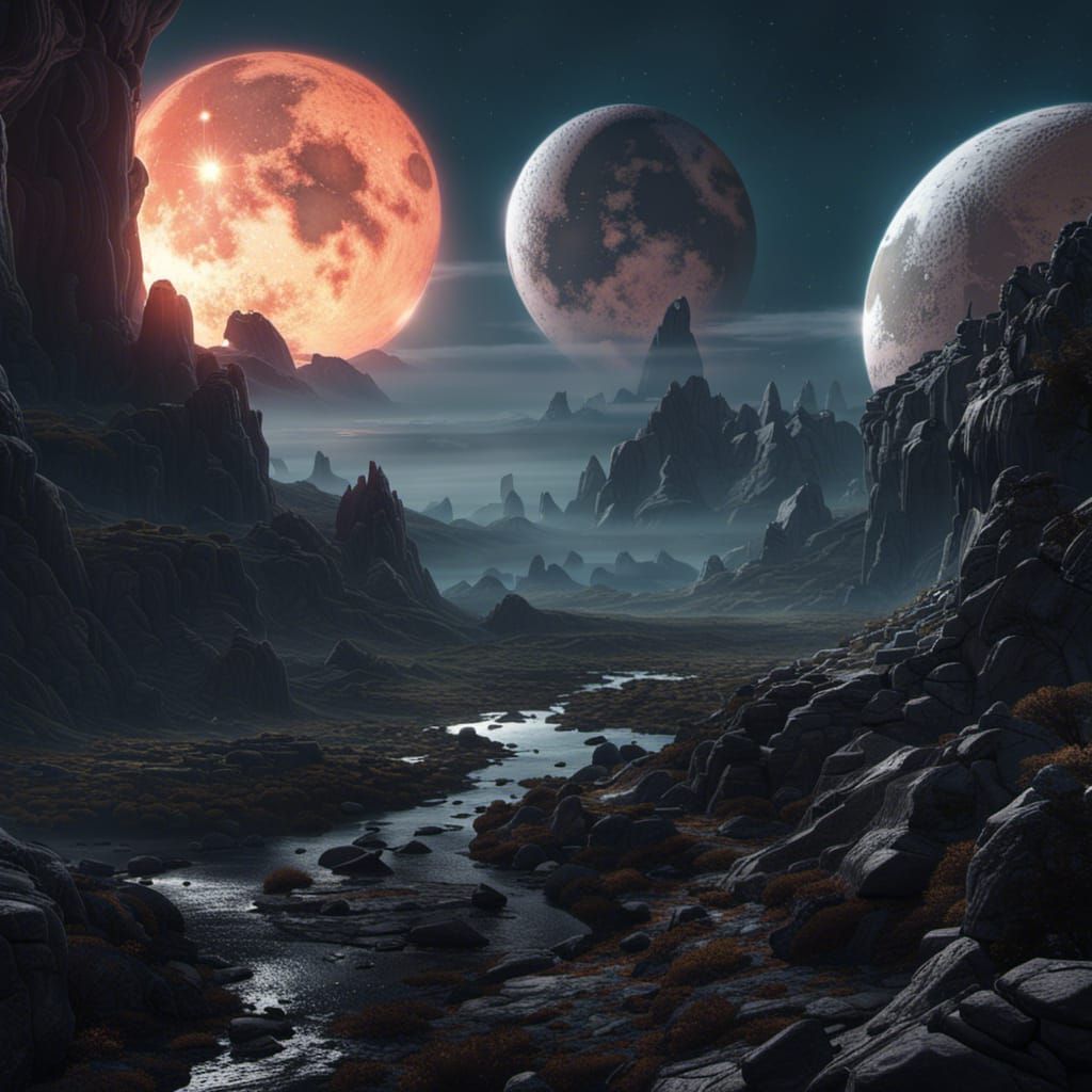Three Moons Over Dark Fantasy Landscape