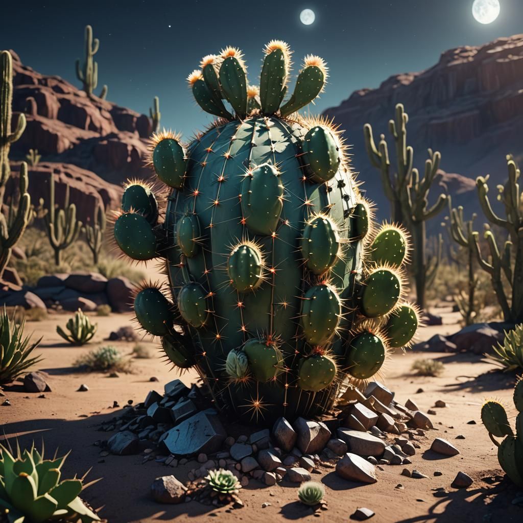 Futuristic Cactus in Moonlight: Sci-Fi 3D Render