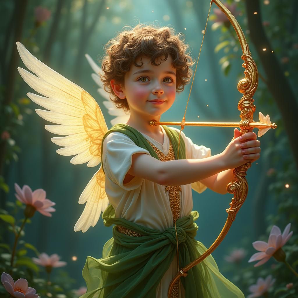 Majestic Cupid in Mystical Garden Setting