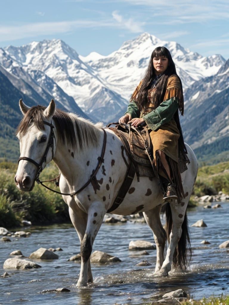 Native American Woman on Horseback in Valley