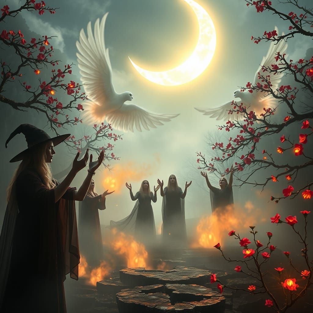 Ethereal Witches Gathering Under Crescent Moon