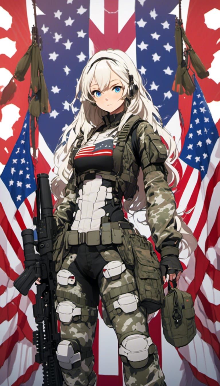 Fierce Soldier with American Flag Motif in Anime Style