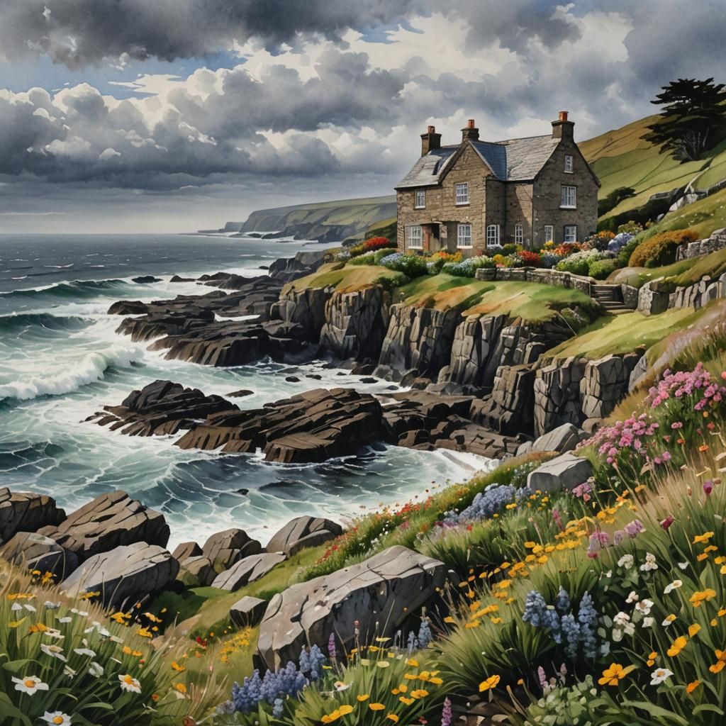Seaside Cottage Watercolor with Wildflowers