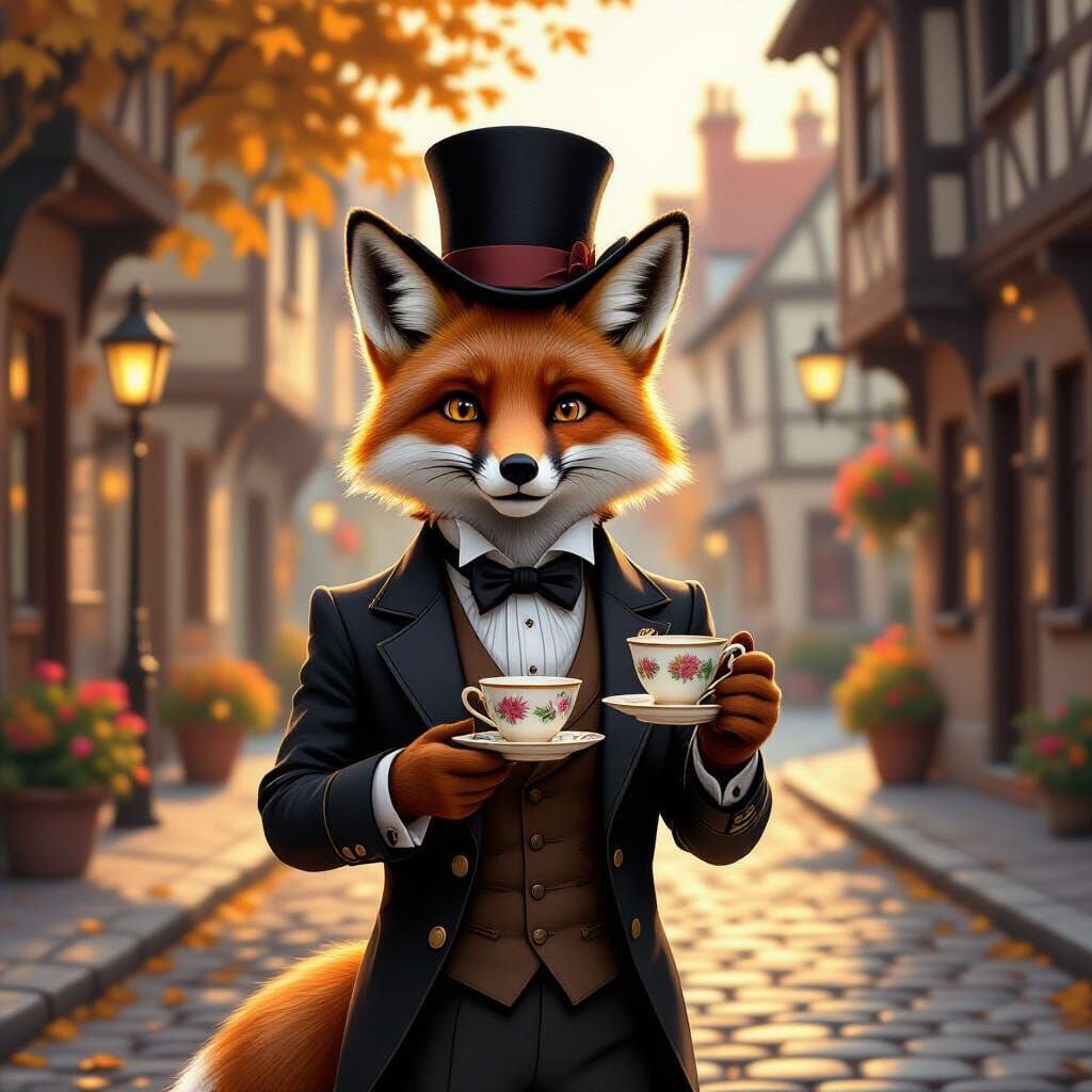 Victorian Fox Enjoys Tea in Sun-Dappled Town Square