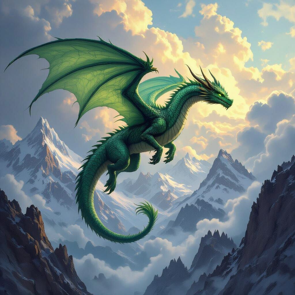 Emerald Dragon Soars Over Snowy Mountains in Epic Fantasy Ar...