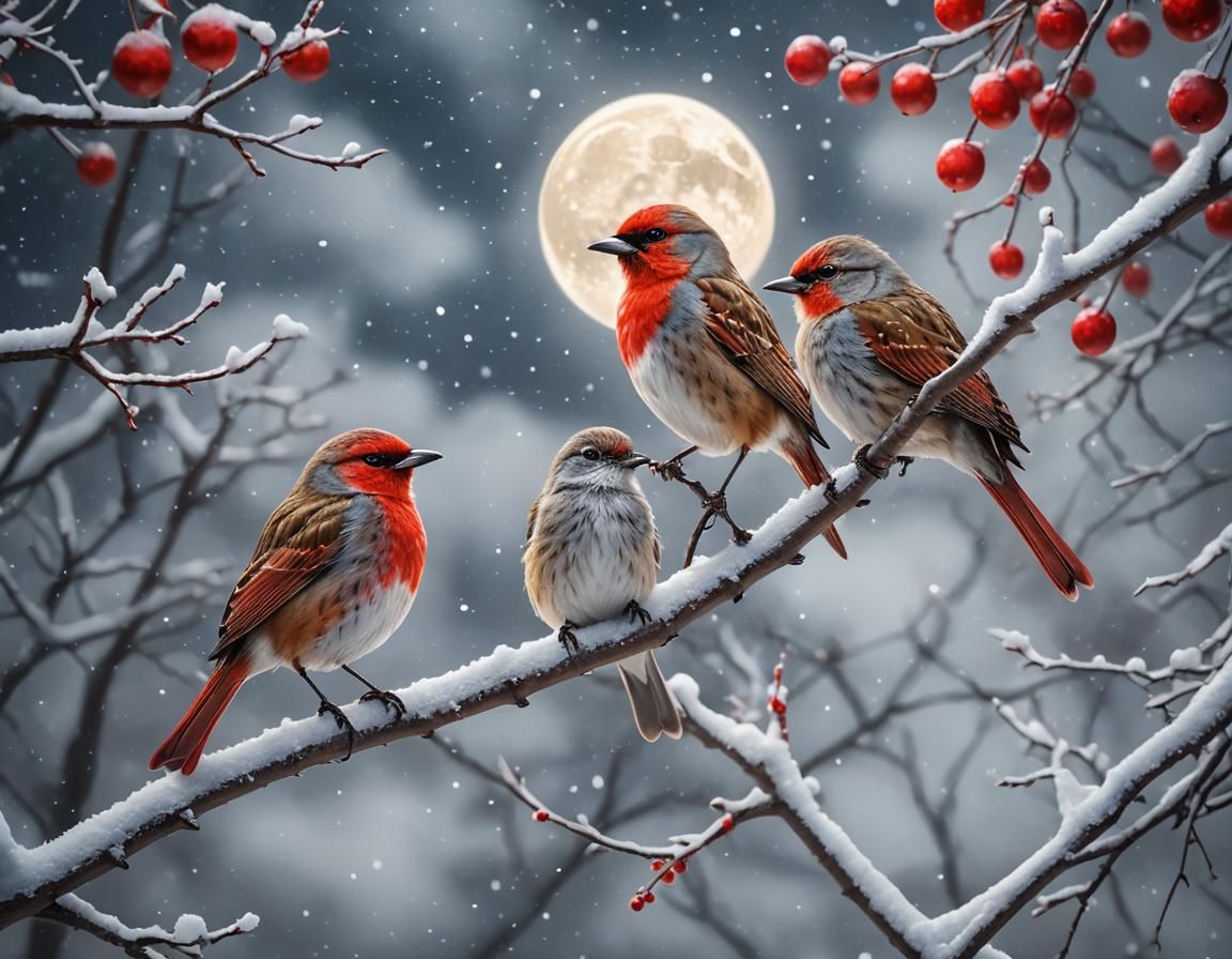Red and White Birds on Snowy Branch