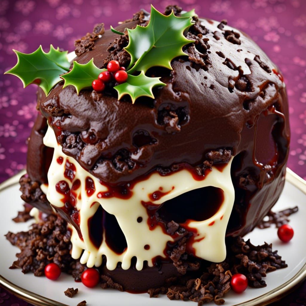 Skull shaped Christmas Pudding with Using and Holly on top, Deplorable decadent Devils cake, by "yummy in my tummy"