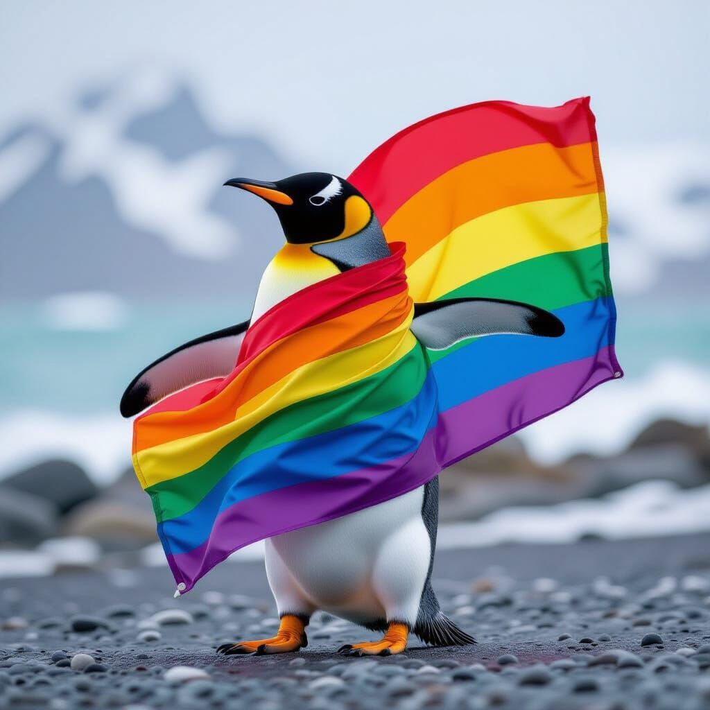 Pride Penguin Dancing Joyfully in Rainbow Flag