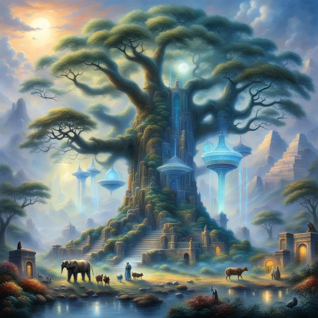 Ancient Earth Tree with Animals and Egyptian Tech