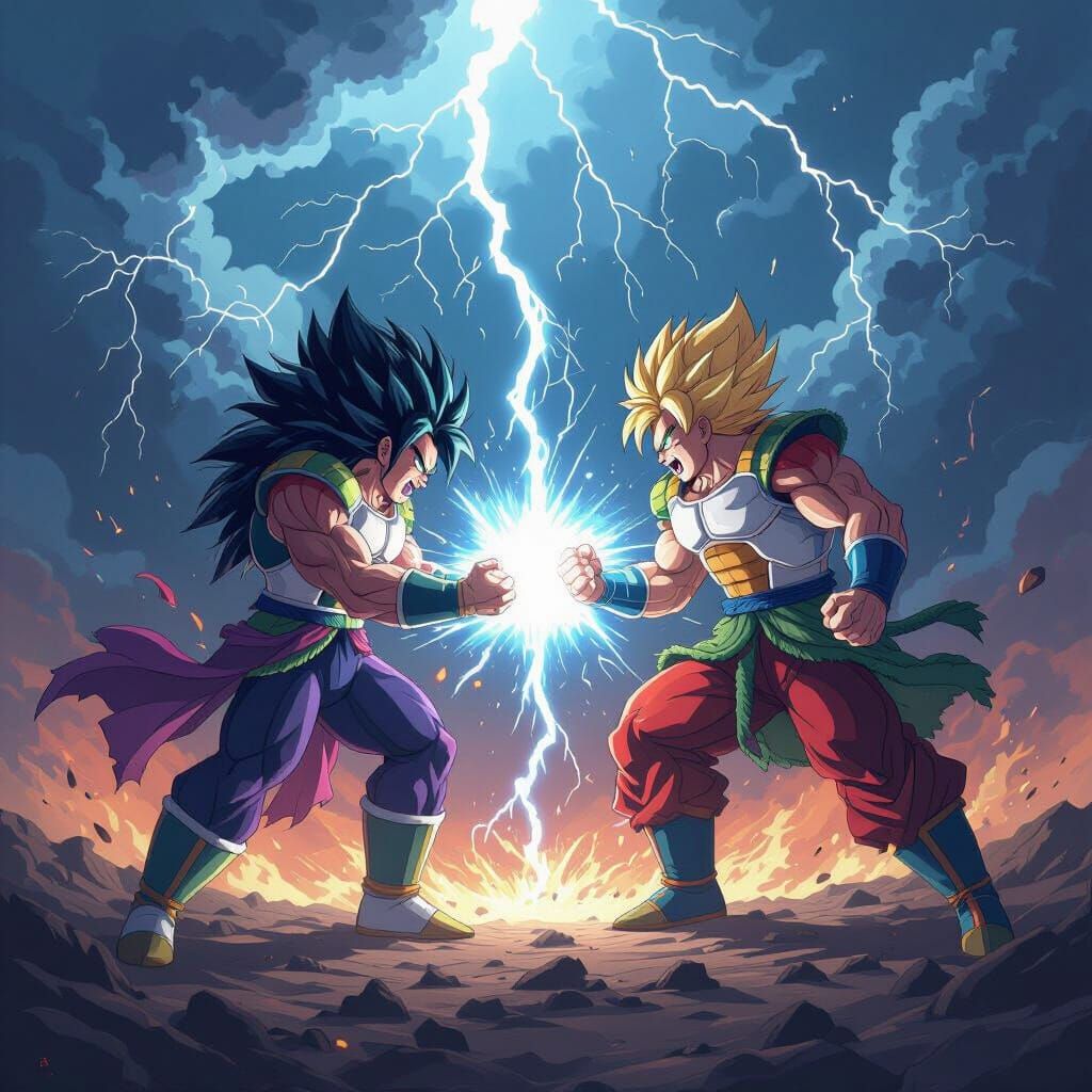 Intense Battle: Broly, Vegeta, and Goku in Dark Fantasy Styl...