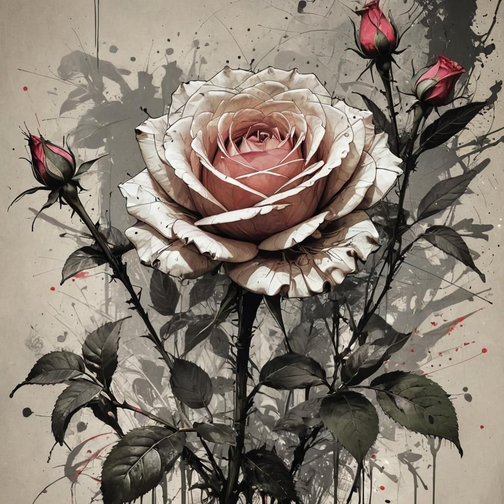 Botanical Floral Rose in Digital Collage Style